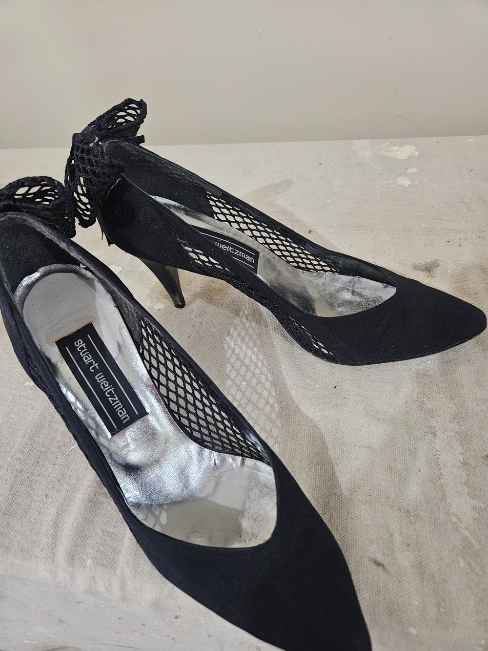 Stuart Weitzman Black Pointed Mesh-Stiletto Heels